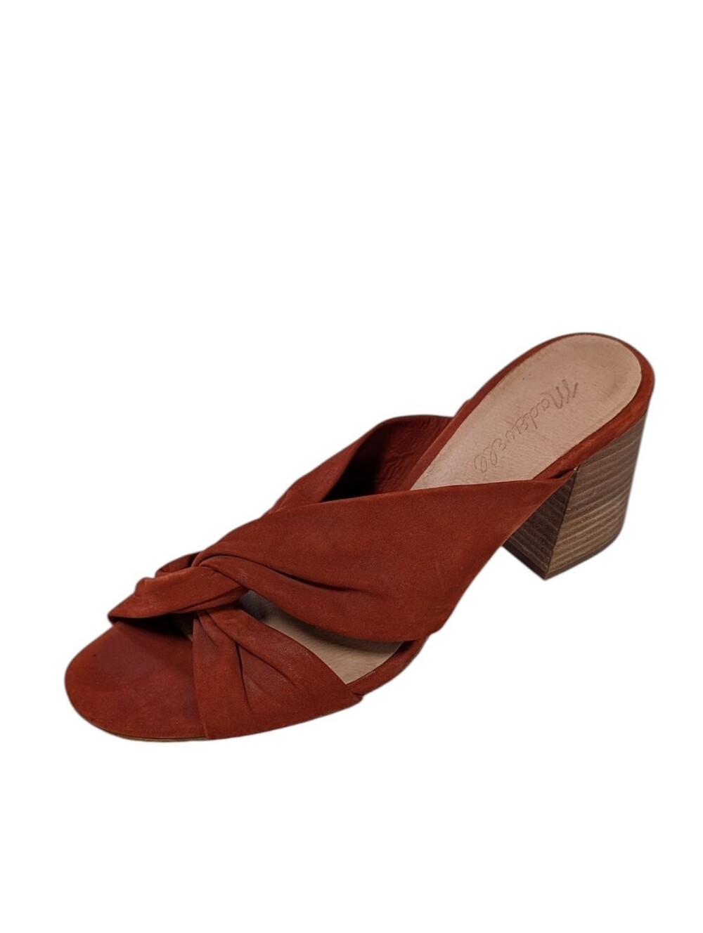 Madewell, Burnt Orange Criss-Cross Knotted Suede Healed Mules. Size 9.5